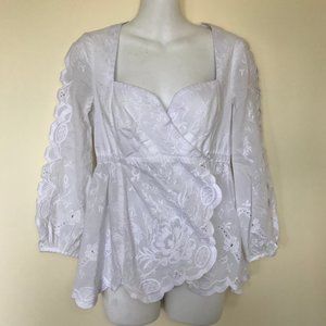 Nanette Lepore Estancia Broderie Anglaise Eyelet Blouse Wrap Top Long Sleeves